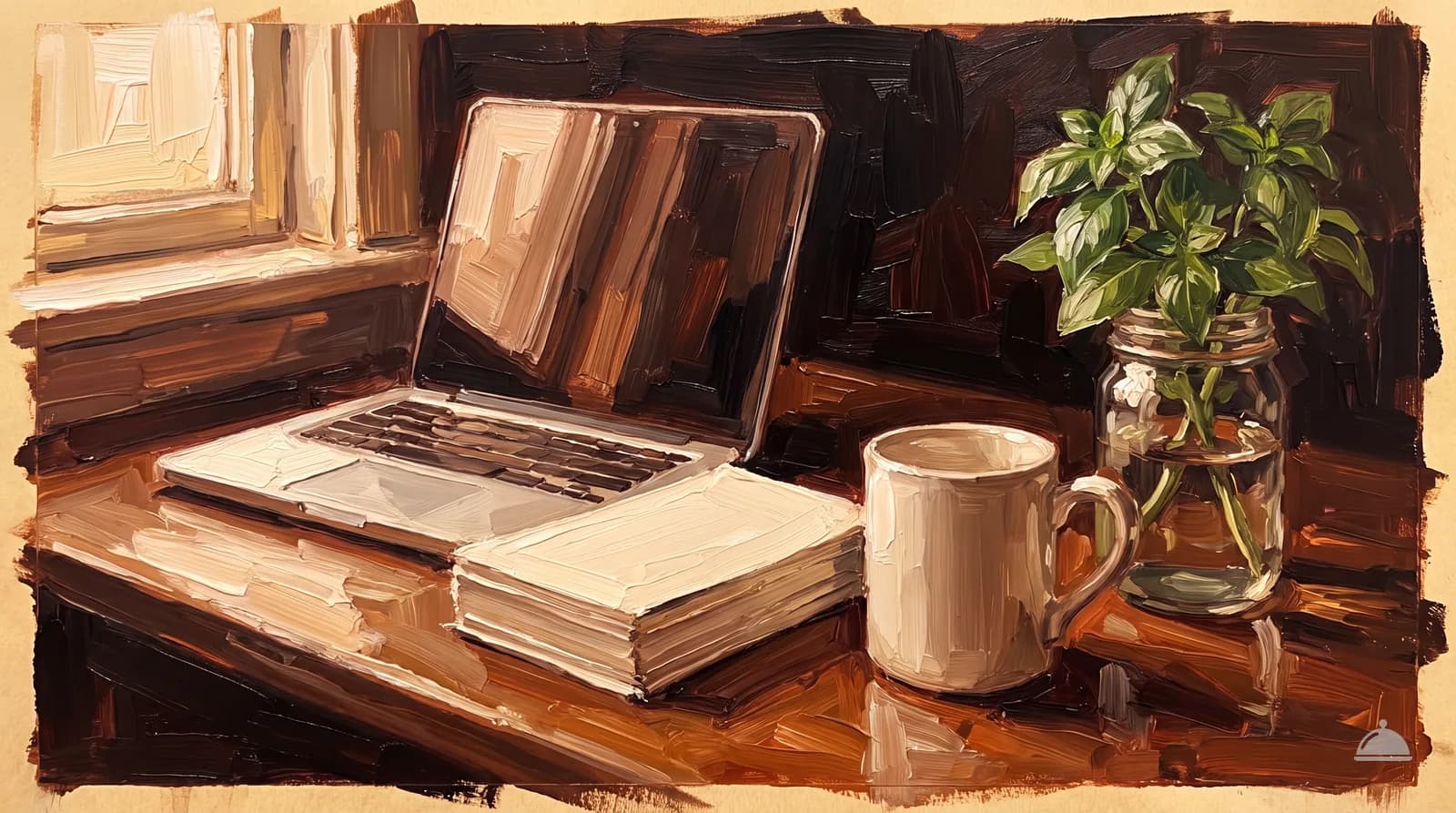Oil painting of a manager's desk with a closed laptop and blank guest cards