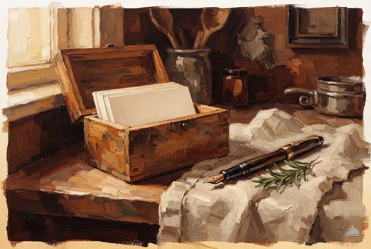 Oil vignette of a wooden card box of blank cards and a fountain pen