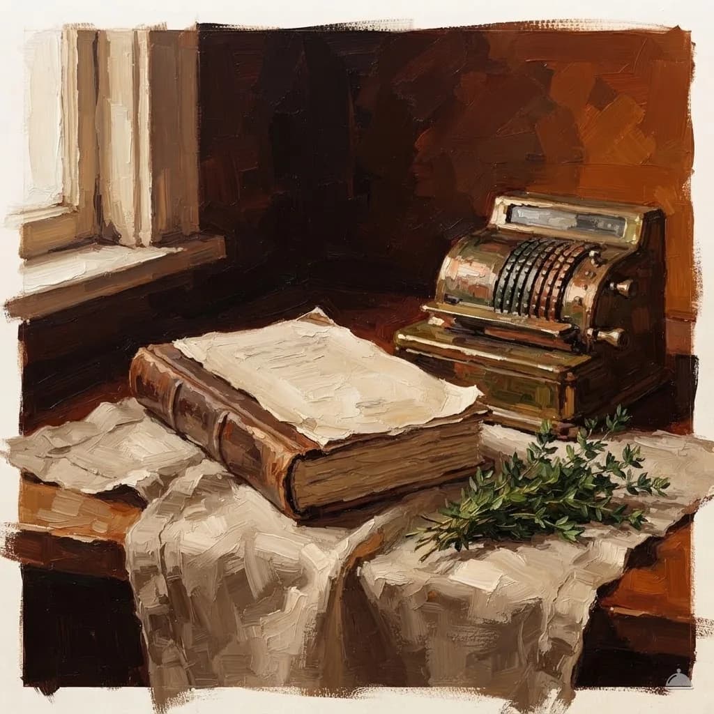 Oil vignette of an open ledger and a brass adding machine