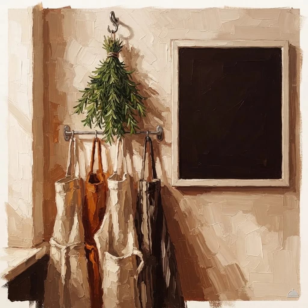 Oil vignette of hanging aprons beside a blank rota board